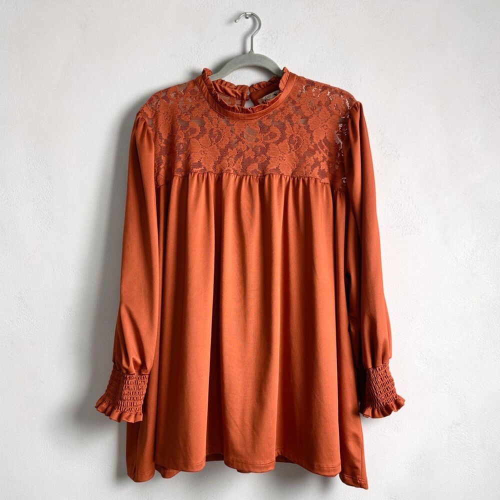 CATO Women 22W 24W Rust Orange Floral Lace Mock Neck Smocked Long Sleeve Top EUC